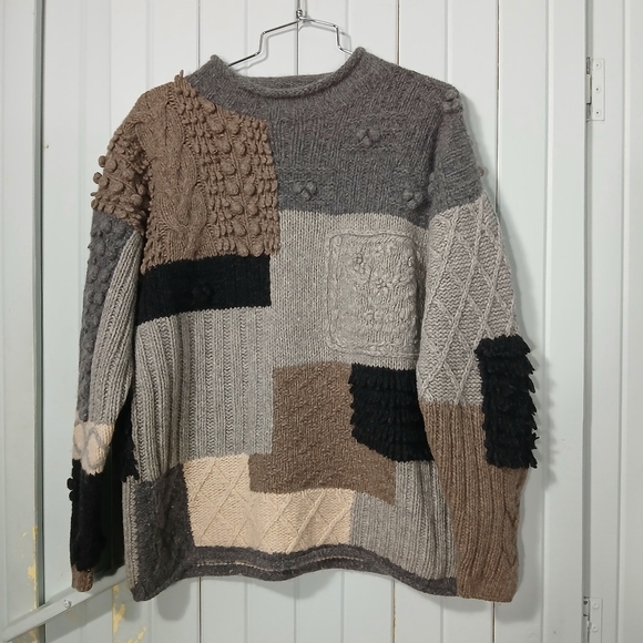 Vintage Bedo 95%Lambwool Patchwork Sweater - Gray, Brown, Black - Picture 2 of 11